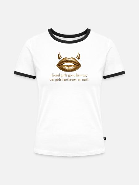 Goldene Lippen mit Teufelshörnern Zitat - Frauen Kontrast-T-Shirt - Weiß/Schwarz