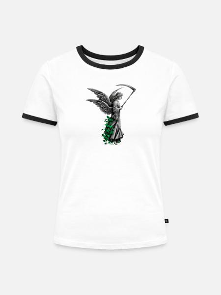 Engel Statue mit Sense und Efeu - Frauen Kontrast-T-Shirt - Weiß/Schwarz