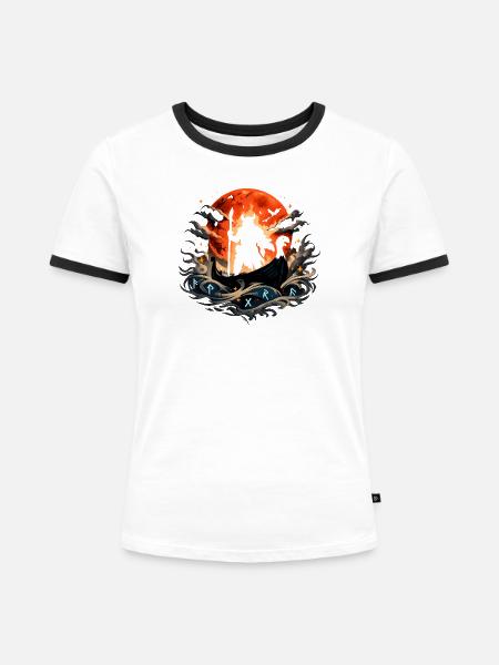 Vikingerschiff im Mondrot - Frauen Kontrast-T-Shirt - Weiß/Schwarz