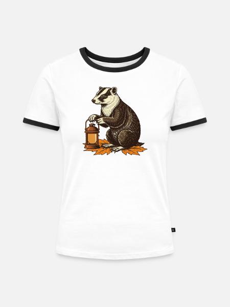 Dachs mit Herbstlaterne - Frauen Kontrast-T-Shirt - Weiß/Schwarz