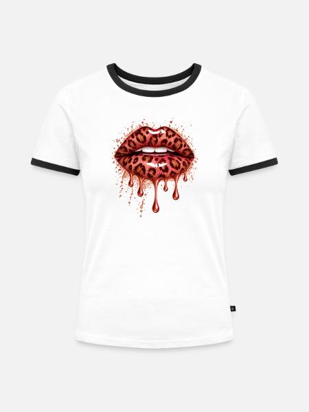 Leopard Lippen Tropfen-Edition - Frauen Kontrast-T-Shirt - Weiß/Schwarz