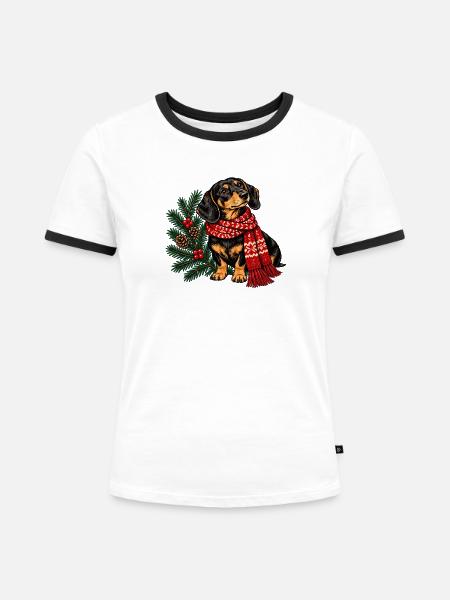 Winterdackel mit rotem Schal - Frauen Kontrast-T-Shirt - Weiß/Schwarz