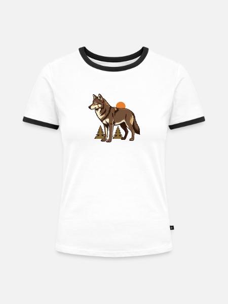 Wolf zwischen Herbsttannen - Frauen Kontrast-T-Shirt - Weiß/Schwarz