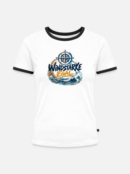 Windstärke Egal – Kompass und Wellen - Frauen Kontrast-T-Shirt - Weiß/Schwarz