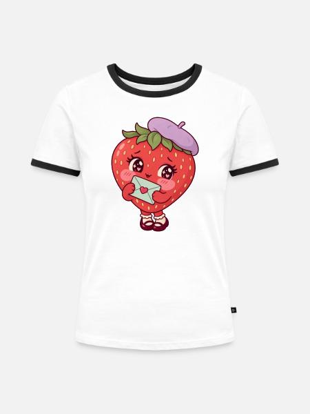 Erdbeere mit Liebesbrief – niedliche Fruchtfigur - Frauen Kontrast-T-Shirt - Weiß/Schwarz