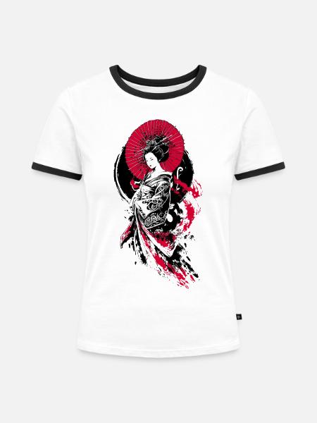 Geisha Parasol Rot Schwarz - Frauen Kontrast-T-Shirt - Weiß/Schwarz