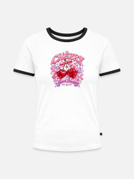 Süße Träume, Kirschherzen, - Frauen Kontrast-T-Shirt - Weiß/Schwarz