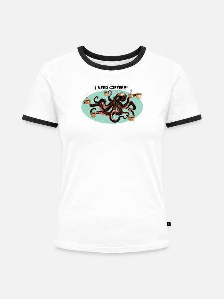 Kaffeeliebender Oktopus - Frauen Kontrast-T-Shirt - Weiß/Schwarz