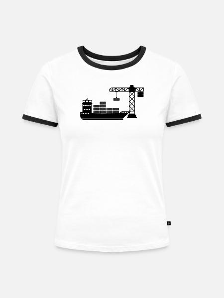 Seecontainerboot mit Kranentladung - Frauen Kontrast-T-Shirt - Weiß/Schwarz