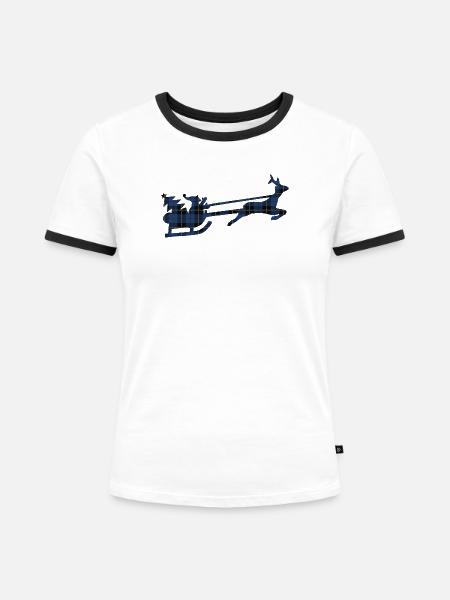 Blauer Tartan-Santa-Schlitten-Silhouette - Frauen Kontrast-T-Shirt - Weiß/Schwarz