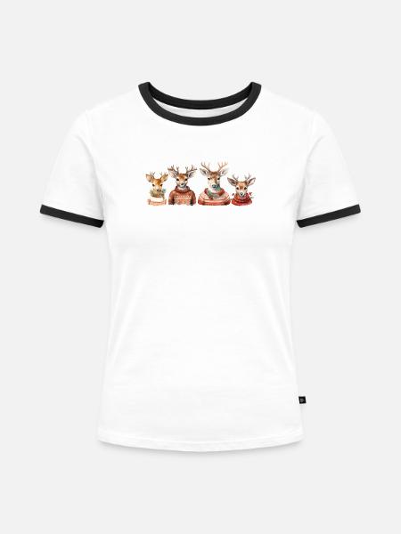 Rentierquartett Strickpullover - Frauen Kontrast-T-Shirt - Weiß/Schwarz