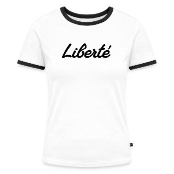 LIBERTÉ – Signatur-Skript - Frauen Kontrast-T-Shirt - Weiß/Schwarz - Vorne - Selfina (174cm)