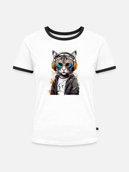 Katzen-DJ mit Kopfhörern - Frauen Kontrast-T-Shirt - Weiß/Schwarz