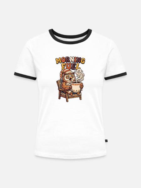 Müde Eule mit Kaffee - Frauen Kontrast-T-Shirt - Weiß/Schwarz