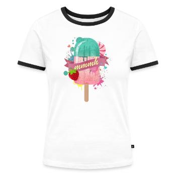 Eis am Stiel mit Erdbeere - Frauen Kontrast-T-Shirt - Weiß/Schwarz - Vorne - Selfina (174cm)