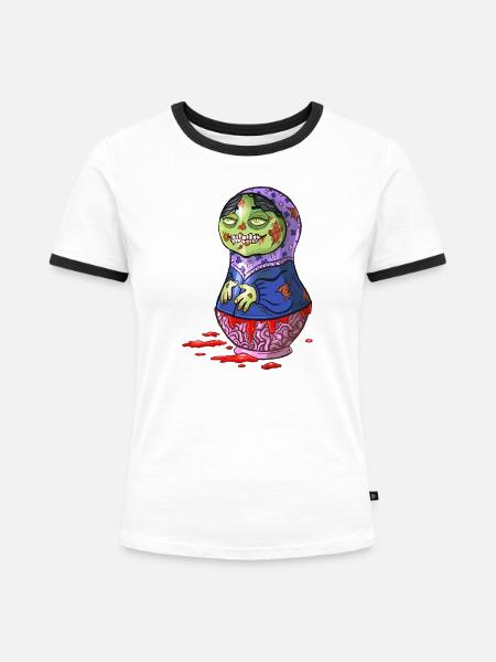 Zombie-Matrjoschka-Puppe - Frauen Kontrast-T-Shirt - Weiß/Schwarz