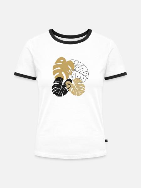 Monstera Blätter Line Art - Frauen Kontrast-T-Shirt - Weiß/Schwarz