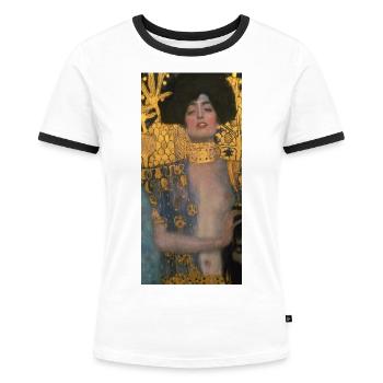 Gustav Klimt: Judith mit dem Haupt des Holofernes - Frauen Kontrast-T-Shirt - Weiß/Schwarz - Vorne - Selfina (174cm)