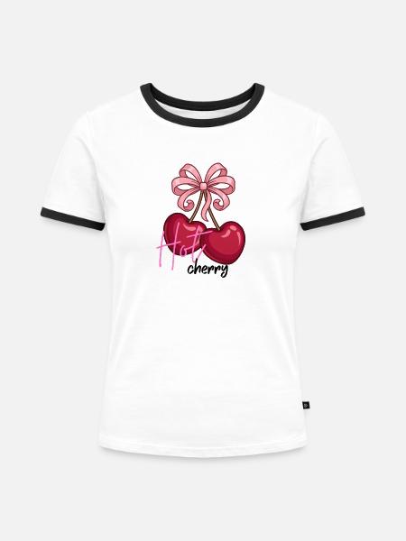Kirschenherzen mit Schleife - Frauen Kontrast-T-Shirt - Weiß/Schwarz
