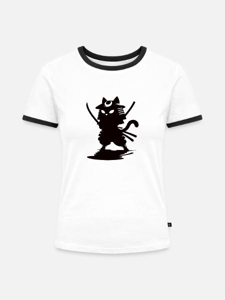 Lustige Samurai Katze - Frauen Kontrast-T-Shirt - Weiß/Schwarz