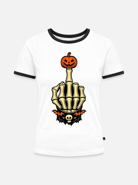 Kürbis Mittelfinger Halloween Skelett - Frauen Kontrast-T-Shirt - Weiß/Schwarz