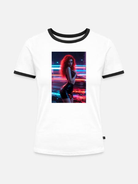 Neonrote Femme in Glanz - Frauen Kontrast-T-Shirt - Weiß/Schwarz