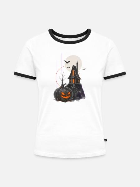 Spukhaus Kürbisnacht Mondschein - Frauen Kontrast-T-Shirt - Weiß/Schwarz