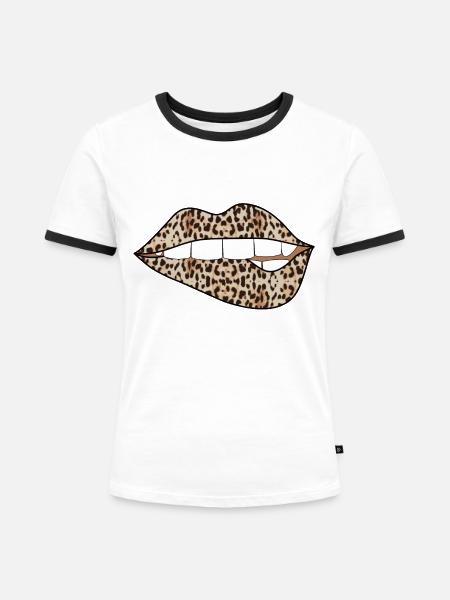 Braune Leopardenlippen - Frauen Kontrast-T-Shirt - Weiß/Schwarz