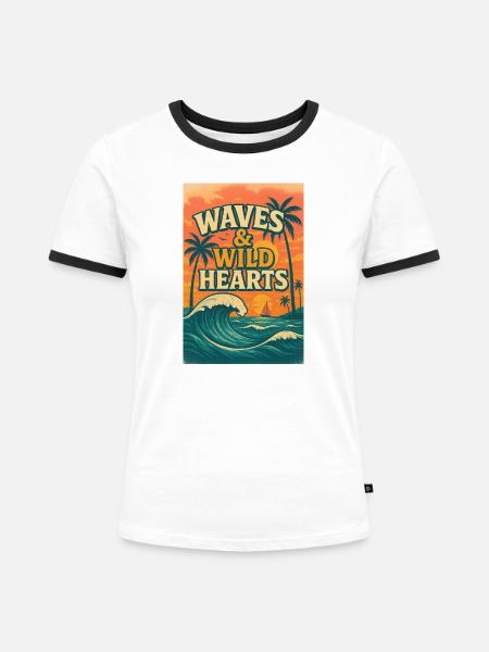 Waves & Wild Hearts - Frauen Kontrast-T-Shirt - Weiß/Schwarz