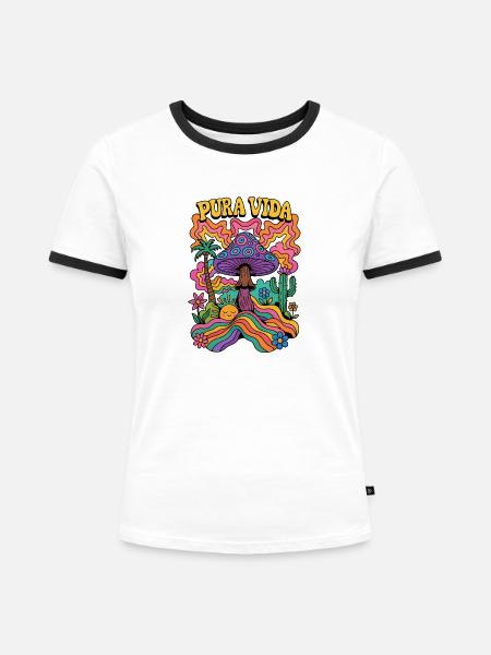 PURA VIDA SHROOM WORLD - Frauen Kontrast-T-Shirt - Weiß/Schwarz