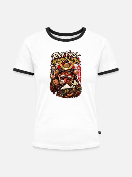 Reis zuerst, Ehre später Samurai - Frauen Kontrast-T-Shirt - Weiß/Schwarz