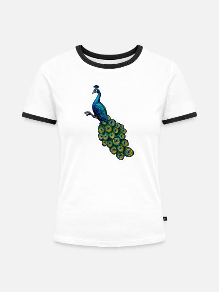 pfauen hahn in Edelblau, vögel, - Frauen Kontrast-T-Shirt - Weiß/Schwarz
