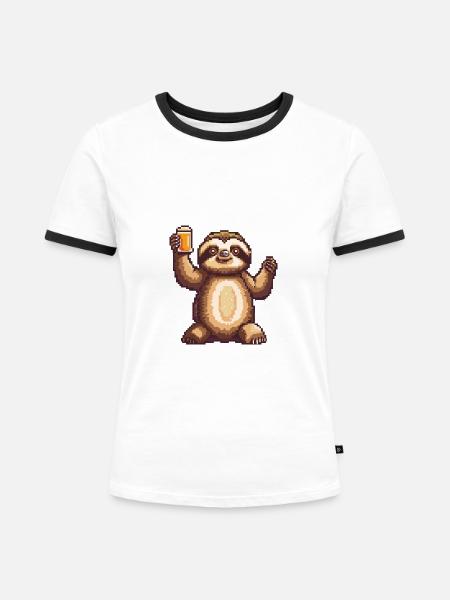 Faultier Bier Pixel - Frauen Kontrast-T-Shirt - Weiß/Schwarz