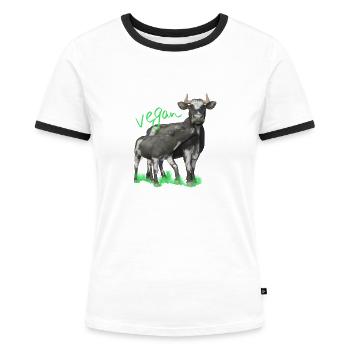 Kuh mit Kalb - vegan - Frauen Kontrast-T-Shirt - Weiß/Schwarz - Vorne - Selfina (174cm)