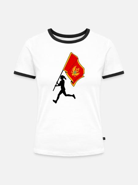 Flagge Montenegro Frau läuft - Frauen Kontrast-T-Shirt - Weiß/Schwarz