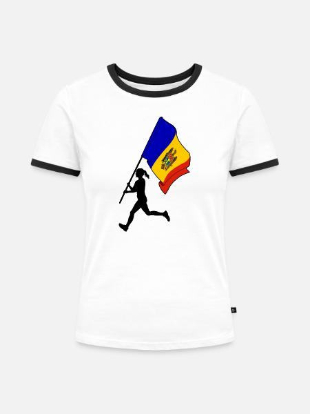Flagge Moldawien Frau läuft - Frauen Kontrast-T-Shirt - Weiß/Schwarz