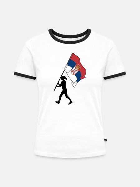 Flagge Serbien Frau zu Fuß - Frauen Kontrast-T-Shirt - Weiß/Schwarz