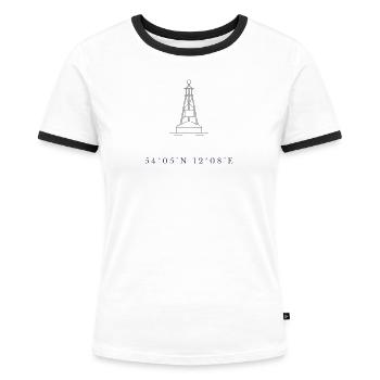 Rostock Koordinaten Leuchtturm Ostsee Design - Frauen Kontrast-T-Shirt - Weiß/Schwarz - Vorne - Selfina (174cm)