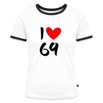 I love 69 - Frauen Kontrast-T-Shirt - Weiß/Schwarz - Vorne - Selfina (174cm)