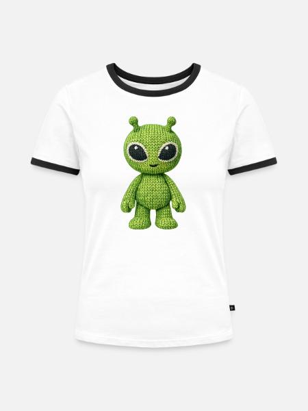 Grüner Alien in Strickoptik - Frauen Kontrast-T-Shirt - Weiß/Schwarz