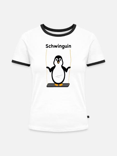 Schwinguin - Pinguin auf Schaukel - Frauen Kontrast-T-Shirt - Weiß/Schwarz