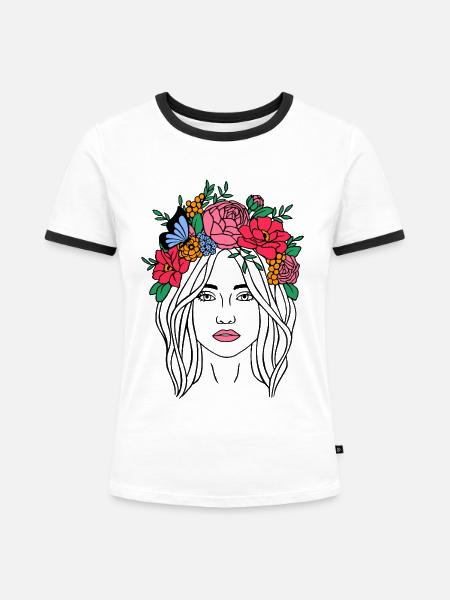 Boho Blumenfrau - Frauen Kontrast-T-Shirt - Weiß/Schwarz
