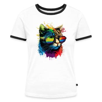 Rainbow Flag Gay Pride LGBTQ Katzen süße Katze - Frauen Kontrast-T-Shirt - Weiß/Schwarz - Vorne - Selfina (174cm)