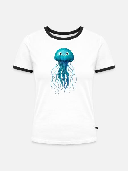 Niedliche Aquarellqualle - Frauen Kontrast-T-Shirt - Weiß/Schwarz