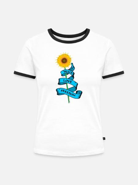SonnenblumeFrieden Liebe Freiheit - Frauen Kontrast-T-Shirt - Weiß/Schwarz