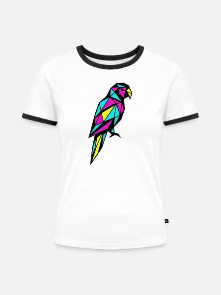 Geometrischer Papagei Low-Poly CMYK-Vogel - Frauen Kontrast-T-Shirt - Weiß/Schwarz