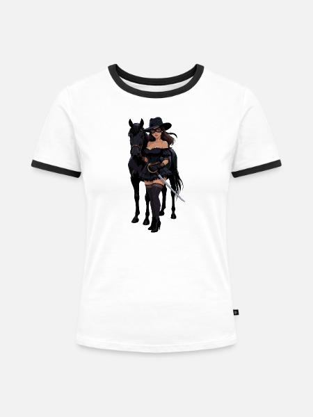 Zorro-Frau mit schwarzem Pferd - Frauen Kontrast-T-Shirt - Weiß/Schwarz