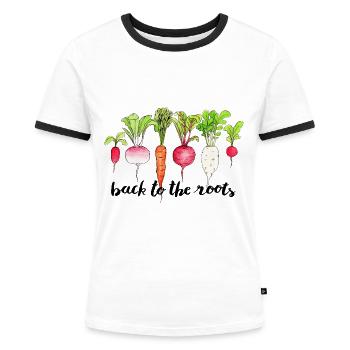 back to the roots zurück zu den Wurzeln Gemüse - Frauen Kontrast-T-Shirt - Weiß/Schwarz - Vorne - Selfina (174cm)