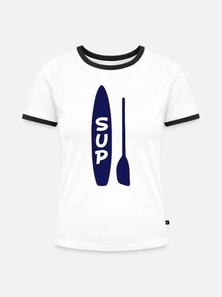 Surfbrett SUP - Frauen Kontrast-T-Shirt - Weiß/Schwarz