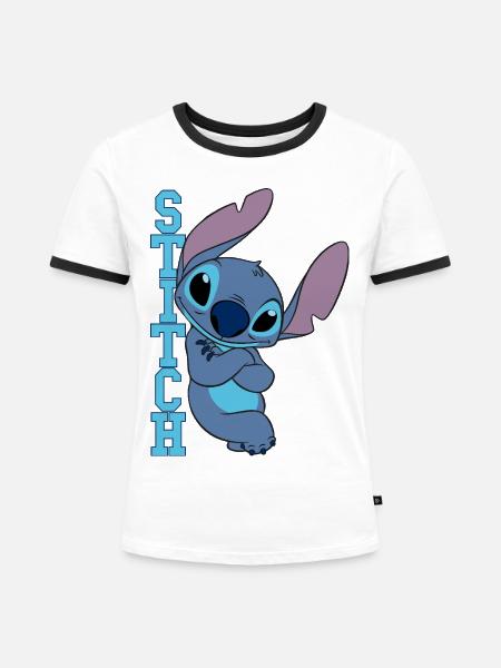Lilo & Stitch Schriftzug Mit Stitch - Frauen Kontrast-T-Shirt - Weiß/Schwarz